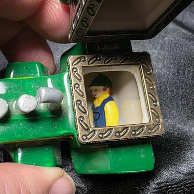 Vintage Green Tractor Trinket Box Hinged Porcelain with Hidden Farmer