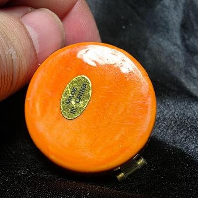 Vintage Porcelain Trinket Box Orange Lattice Dome Hinged Jewelry Keepsake