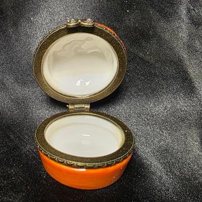 Vintage Porcelain Trinket Box Orange Lattice Dome Hinged Jewelry Keepsake