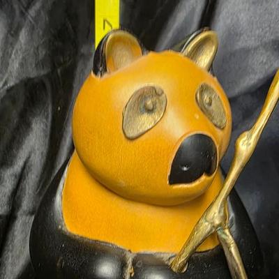 Vintage Sarreid Hand-Carved Wooden Panda Figurine with Brass Bamboo Accent