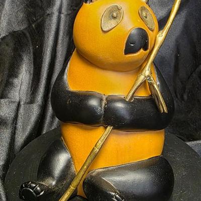 Vintage Sarreid Hand-Carved Wooden Panda Figurine with Brass Bamboo Accent