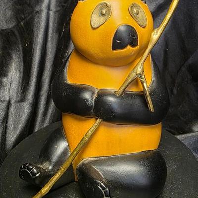 Vintage Sarreid Hand-Carved Wooden Panda Figurine with Brass Bamboo Accent