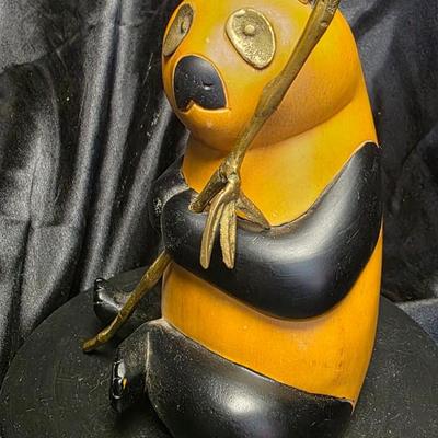 Vintage Sarreid Hand-Carved Wooden Panda Figurine with Brass Bamboo Accent