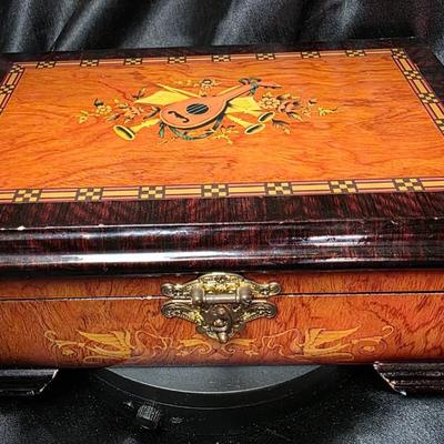 Vintage Marquetry Wood Jewelry Box with Mirror Lined Interior and Brass Latch