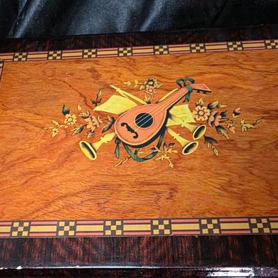 Vintage Marquetry Wood Jewelry Box with Mirror Lined Interior and Brass Latch