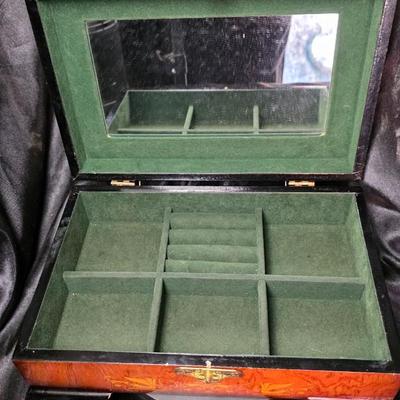 Vintage Marquetry Wood Jewelry Box with Mirror Lined Interior and Brass Latch