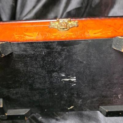 Vintage Marquetry Wood Jewelry Box with Mirror Lined Interior and Brass Latch