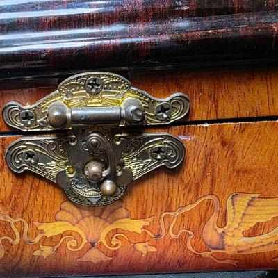 Vintage Marquetry Wood Jewelry Box with Mirror Lined Interior and Brass Latch