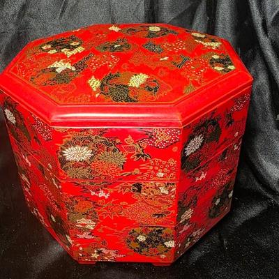 Vintage Chinese Style Red Lacquer Octagonal Stacking Jewelry Trinket Box