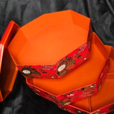 Vintage Chinese Style Red Lacquer Octagonal Stacking Jewelry Trinket Box