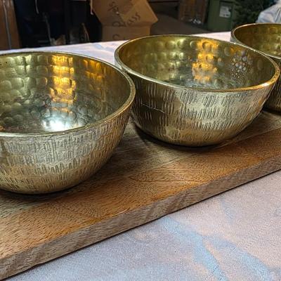 Mid-Century Modern Hammered Brass Triple Bowl Serving Set on Wood Tray