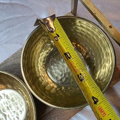 Mid-Century Modern Hammered Brass Triple Bowl Serving Set on Wood Tray