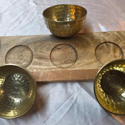Mid-Century Modern Hammered Brass Triple Bowl Serving Set on Wood Tray