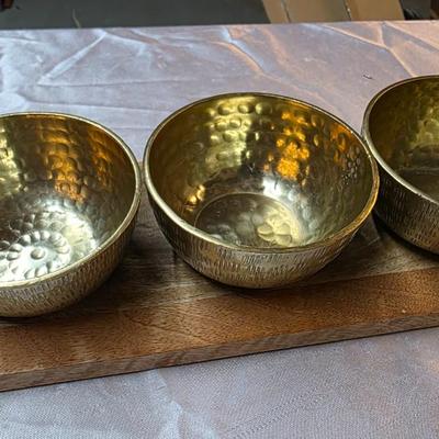 Mid-Century Modern Hammered Brass Triple Bowl Serving Set on Wood Tray