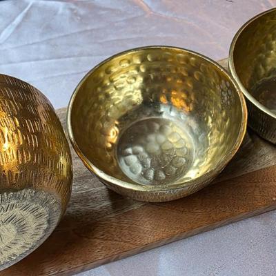 Mid-Century Modern Hammered Brass Triple Bowl Serving Set on Wood Tray