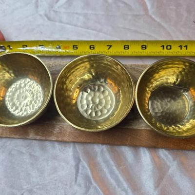 Mid-Century Modern Hammered Brass Triple Bowl Serving Set on Wood Tray