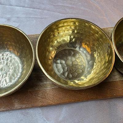 Mid-Century Modern Hammered Brass Triple Bowl Serving Set on Wood Tray