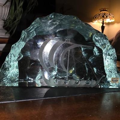 Vicke Lindstrand for Kosta Swedish Iceberg Glass Viking Ship Sculpture