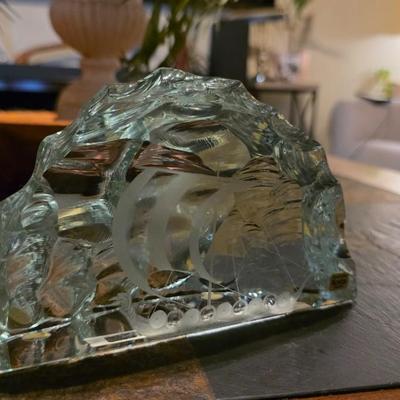 Vicke Lindstrand for Kosta Swedish Iceberg Glass Viking Ship Sculpture