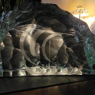 Vicke Lindstrand for Kosta Swedish Iceberg Glass Viking Ship Sculpture