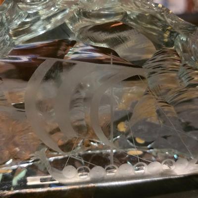 Vicke Lindstrand for Kosta Swedish Iceberg Glass Viking Ship Sculpture