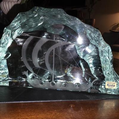 Vicke Lindstrand for Kosta Swedish Iceberg Glass Viking Ship Sculpture