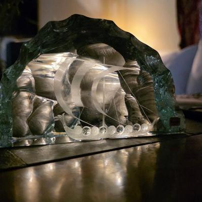 Vicke Lindstrand for Kosta Swedish Iceberg Glass Viking Ship Sculpture
