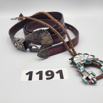 1191 - Sterling Silver Buckle on Belt and Navajo Sterling Bolo