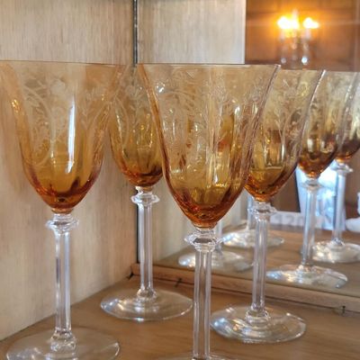 1202 - 12 Piece Amber Etched Stemware glasses