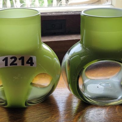1214 - Pair of Green Overlay Blown Glass Vases