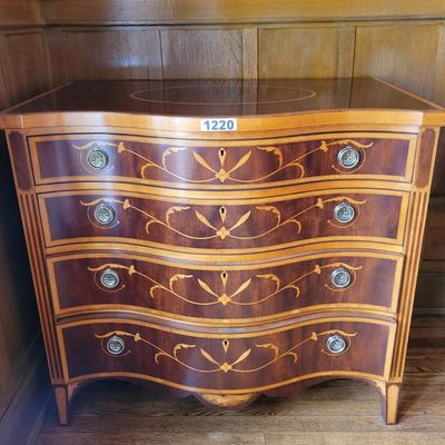 1220 - Ox Bow Inlaid Hepplewhite style 4 Drawer Chest Williamsburg Reproduction