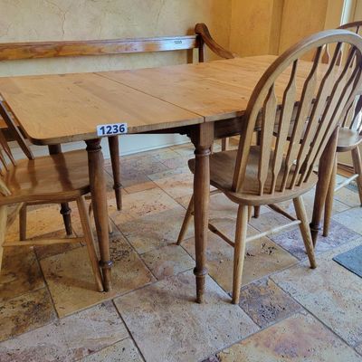 1236 - Swing Leg Pine Drop Leaf Table + 4 Bow Back Arrow Spindle Chairs one not shown.