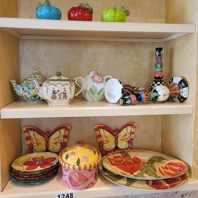 1248 - Contents of 3 Shelves Dishes, Teapots and Decor