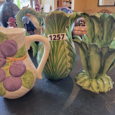 1257 - Italian Cabbage Leaf Pitcher + 2 Other Chipped Pieces