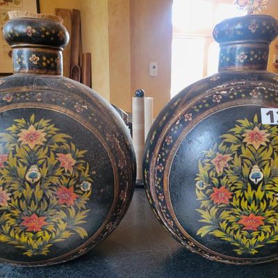 1259 - pr. Anglo Raj Hand Hammered Metal Olive Oil Jugs