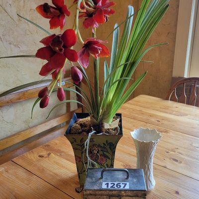 1267 - Lennox Vase + Painted Brass Planter + Tin Box on Frame