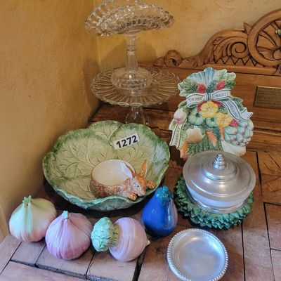 1272 - Lot of Fitz and Floyd Bowls Shakers and Plates + 2 Pressed Glass Cake Stands