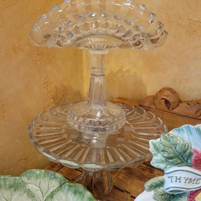 1272 - Lot of Fitz and Floyd Bowls Shakers and Plates + 2 Pressed Glass Cake Stands