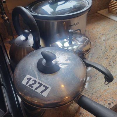 1277 - Crock Pot, 2 Sauce Pans, Tea Kettle