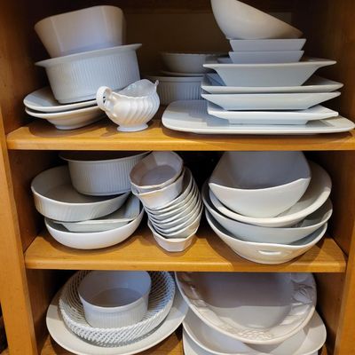 1291 - 3 Shelves of White "Ironstone Like" Dishware