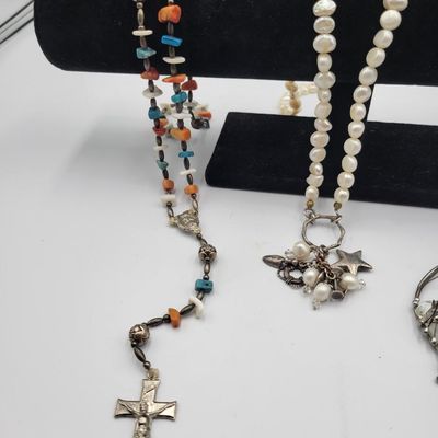 1330 - Turquoise and Coral Rosary, Beaded Necklace, and Pin