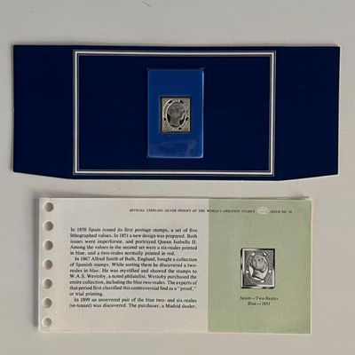 Franklin Mint Sterling Silver 1851 Spain Stamp Plaque Badge Worlds Greatest Stamps Issue NO 28