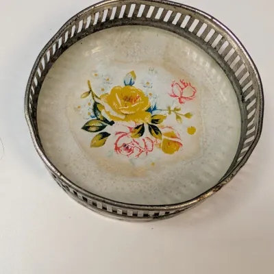 Vintage Coasters w/ Floral Design & Tin Rim Made In Japan