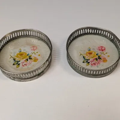 Vintage Coasters w/ Floral Design & Tin Rim Made In Japan