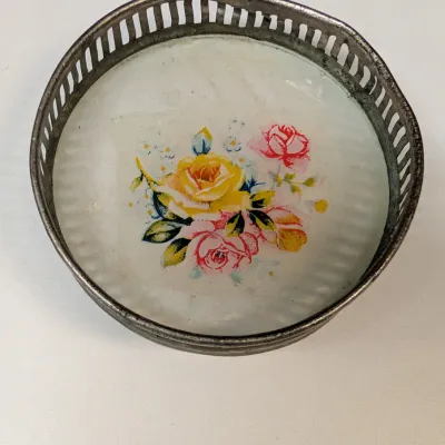 Vintage Coasters w/ Floral Design & Tin Rim Made In Japan