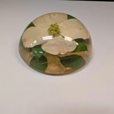 Vintage W. Rolfe Acrylic Lucite Paperweight w/ Dogwood Flower - Signed