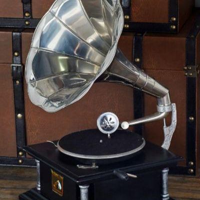 Vintage-style His Master's Voice hand-crank gramophone featuring a polished silver-tone metal horn and black wooden base.