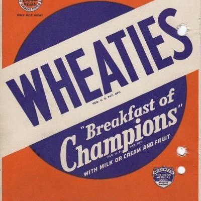 Vintage Wheaties cereal box panel featuring the classic 'Breakfast of Champions' slogan, copyrighted 1937 by General Mills.