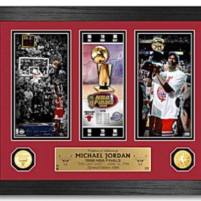 Framed Michael Jordan 1998 NBA Finals 'The Last Shot' commemorative display, featuring photographs, a replica ticket, two...