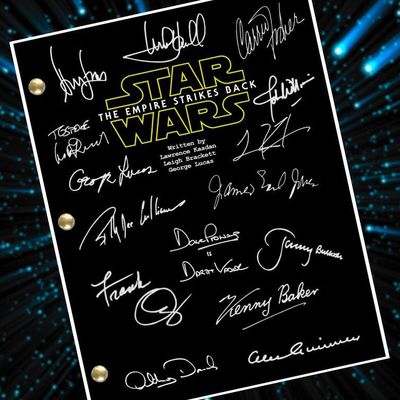 Autographed Star Wars: The Empire Strikes Back script cover display featuring signatures from cast and crew members including Mark...